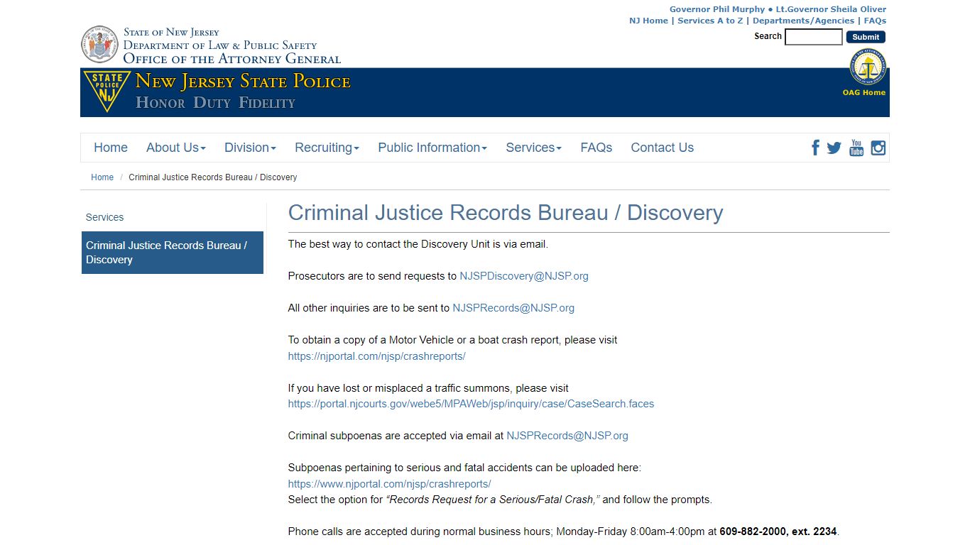 Criminal Justice Records Bureau / Discovery | New Jersey State Police